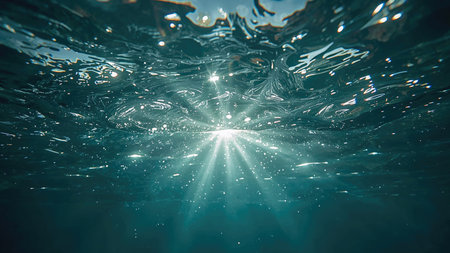 Rays of sunlight are creating beautiful beams underwater, illuminating the deep blue ocean with a mesmerizing and ethereal glowの素材