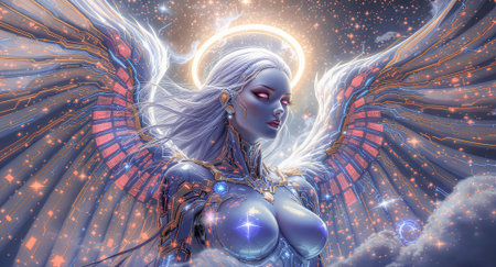 Futuristic female angel with glowing technological wings and halo posing in a digital world, showcasing advanced robotic features and ethereal beautyの素材