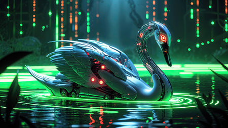 Majestic robotic swan with glowing red eyes gracefully swimming in a futuristic lake illuminated by vibrant neon lights, creating a mesmerizing blend of nature and technologyの素材