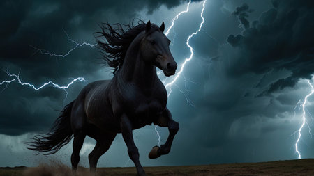 Black equine running with speed, kicking up dust and dirt from the ground, against a dramatic dark sky with bright, illuminating lightning bolts and stormy clouds during a tempestの素材