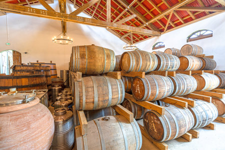 Martinique, French Antilles - Dec 26, 2025: Rhum A-1710 distillery aging room showing long rows of...