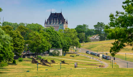 Roof of the main tower of the Castle of Frontenac from the plains of Abraham during the summer. That castle is basically a very famous hostel and it overlooks the old town of Quebec, Canada, and the Saint-Laurent Riverのeditorial素材