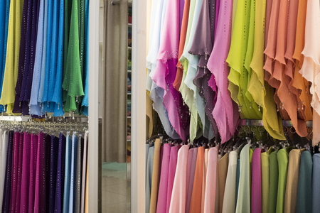 Muslim veils on a rack in a shop in Kuala Lumpur, Malaysiaの写真素材