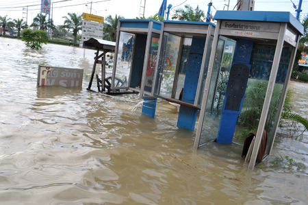 TOT public telephones are underwater in Pathum Thani, Thailand, in October 2011.のeditorial素材