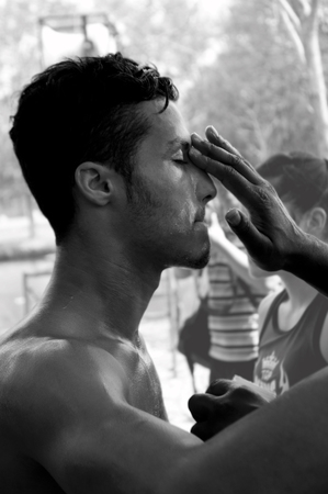 Muay Thai boxer from the French team gets ready before a fight at the 9th World Thai Martial Arts Festival in Ayutthaya, Thailand.のeditorial素材
