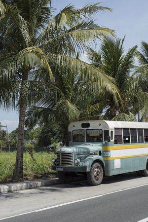 Vintage bus parked next to coconut trees in Lemery, the Philippines.のeditorial素材