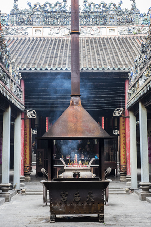 Inside and incense burner of Chua Ba Thien Hau buddhist temple in Ho CHi Minh City, Vietnamのeditorial素材