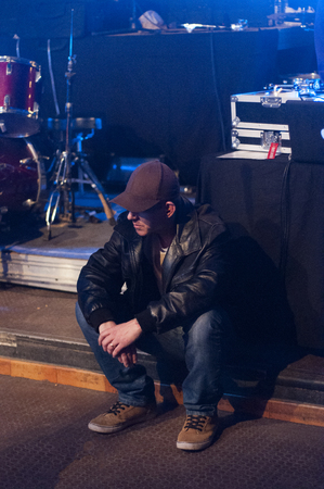 Artist concentrates on stage before the performanceの写真素材