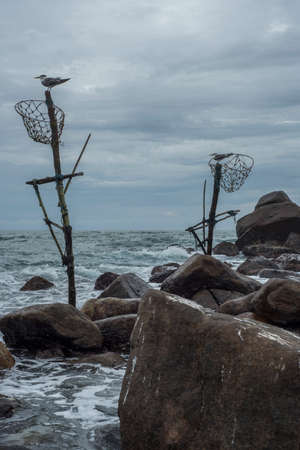 Abandoned traditional fishermen's poles with seagulls and large rocks with the sea in the background at Mirissa, Sri Lankaの写真素材