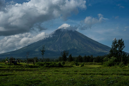 Mount Mayon volcano in the Philippines, seen from the fields.
