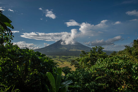 Mount Mayon volcano in the Philippines, seen from the fields.