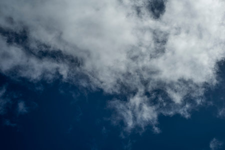 Blue sky with fluffy clouds in the Spring viewed from the ground.
