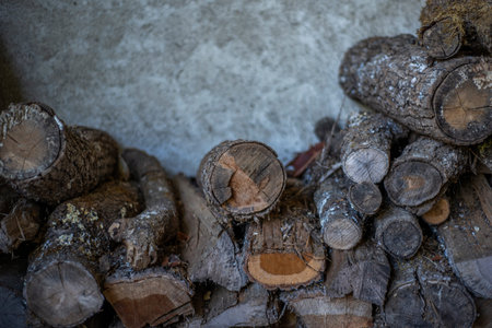 pile of chopped firewood on grunge wall background