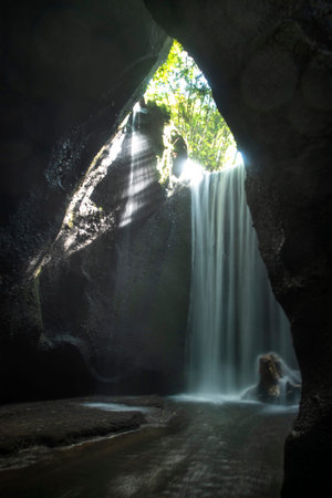 Waterfall flowing over a tree stump in a cave on the island of Bali, Indonesia.の写真素材