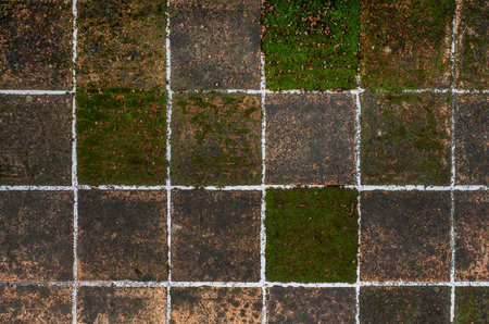 Closeup top view of a weathered tiled floor from the outside terrace of a traditional French house.