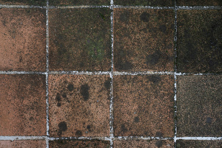 Closeup top view of a weathered tiled floor from the outside terrace of a traditional French house.