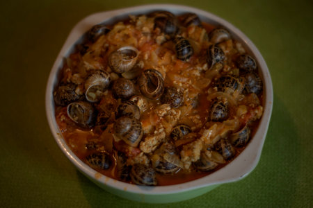 Top view of a traditional French dish of snails.の写真素材