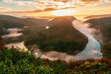 Panoramic view from the Cloef to the Saar loop, Germany.の写真素材