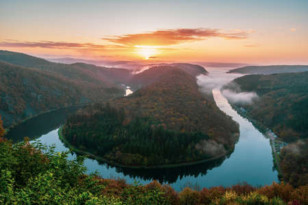 Panoramic view from the Cloef to the Saar loop, Germany.の写真素材