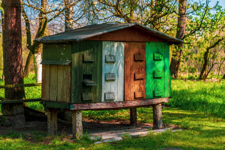 Old colorful apiary in the orchard, Poland.