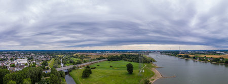 Panoramic view of the Rhine and the A1 motorway bridge near Leverkusen, Germany. Drone photography.