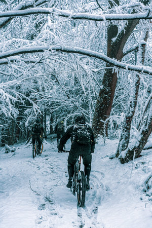 men on mountain bikes in snow-covered forest