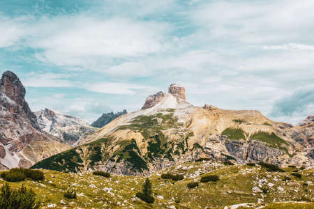 Panoramic view of the Sexten Dolomites in Italy.の写真素材