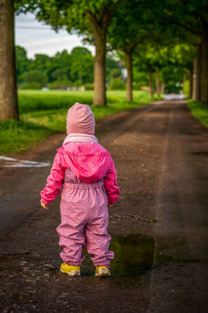 Child with yellow rubber boots on the country laneの写真素材