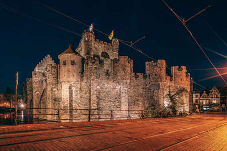 View of Gravensteen, the castle of the Counts of Flanders in Belgium.の写真素材