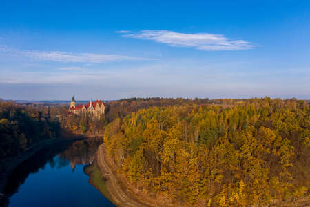 Panoramic view on Czocha Castle, Poland. Drone photography.の写真素材
