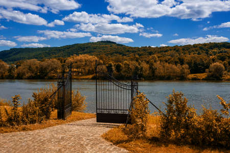 Metal gate on the Moselle, Germanyの写真素材