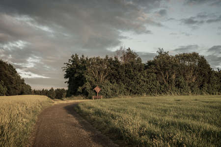 Bench and crucifix on the dirt roadの写真素材