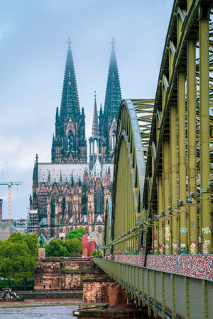 The Hohenzollern Bridge with love locks in Cologne, Germany.の写真素材