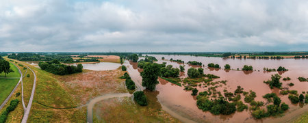 Flood on the river Rhine near DÃ¼sseldorf, Germany. Drone photography.