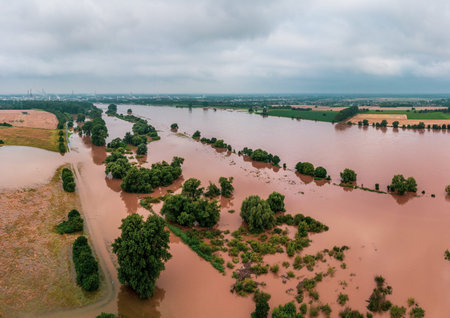 Flood on the river Rhine near DÃ¼sseldorf, Germany. Drone photography.
