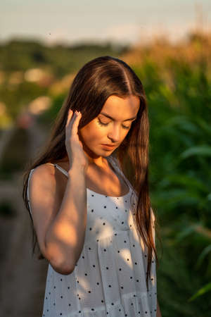 Young beautiful woman in white dress in corn field.の写真素材