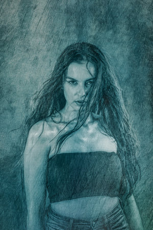 Portrait shot of a pretty young woman. Black and white sketchの写真素材