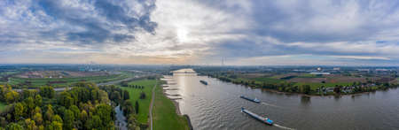 Panoramic view of riverboats on the Rhine. Aerial photography by drone.の写真素材