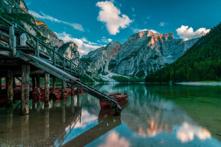 Leisure boats on the mountain lake in the Dolomites in Italy. Lake Braies.の写真素材
