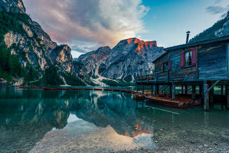 Panoramic view of the Braies Lake in the Dolomites in Italy.の写真素材