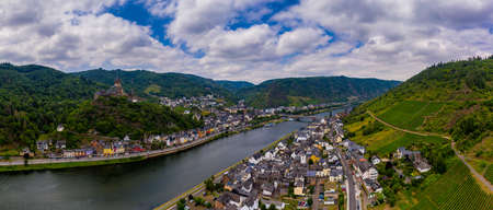 Panorama of Cochem with the Reichsburg Cochem, Germany. Drone photography. Created from several images to create a panorama image.のeditorial素材