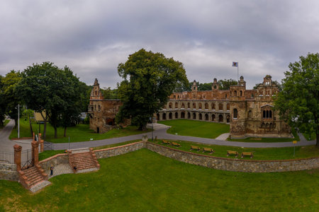 Panoramic view of Tworkau Castle ruins, TworkÃ³w in Poland. Drone photography.