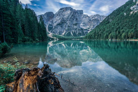 Mountain lake in the Dolomites, South Tyrol in Italy. The Pragser Wildsee, or Lake Prags, Lake Braies.の写真素材