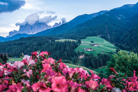 The Odle mountain peaks in the Dolomites in Italy. The VillnÃ¶Ãtal with a view of the Geisler.の写真素材