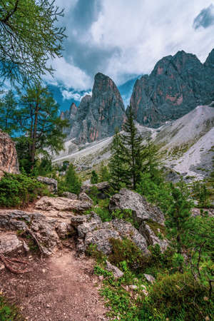 Panoramic view of the Odle mountain peaks, Italy. Adolf Munkel way.の写真素材
