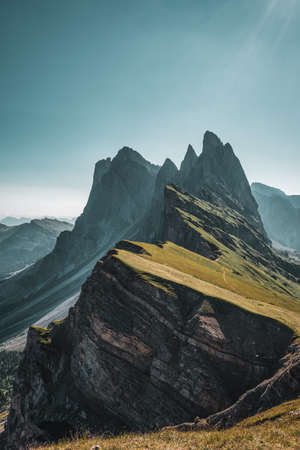 sunbeams over the Seceda, a high mountain in the Dolomites in South Tyrol, Italy.の写真素材
