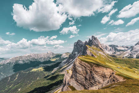 Panoramic view of the Seceda, high mountain in the Dolomites in South Tyrol, Italy.の写真素材