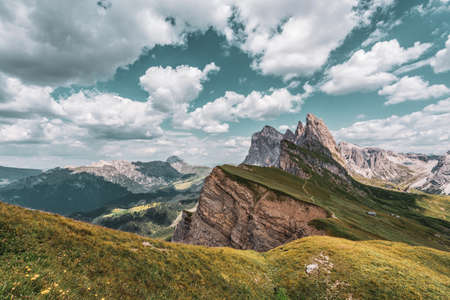 Panoramic view of the Seceda, high mountain in the Dolomites in South Tyrol, Italy.の写真素材