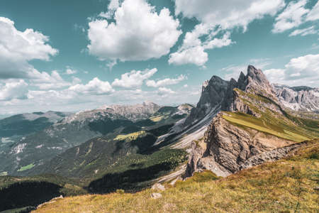 Panoramic view of the Seceda, high mountain in the Dolomites in South Tyrol, Italy.の写真素材