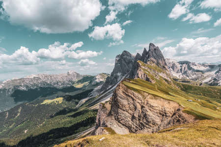 Panoramic view of the Seceda, high mountain in the Dolomites in South Tyrol, Italy.の写真素材
